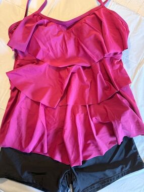 Maroon Ruffled Tankini with Black Shorts